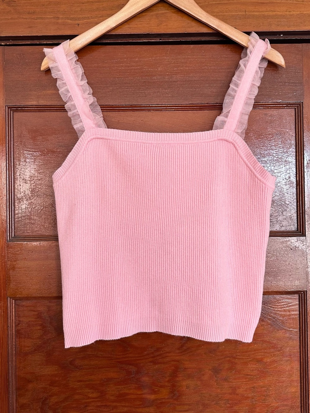Francesca’s Pink Ribbed Knit Crop Tank Top Tulle Ruffle Straps Large Coquette